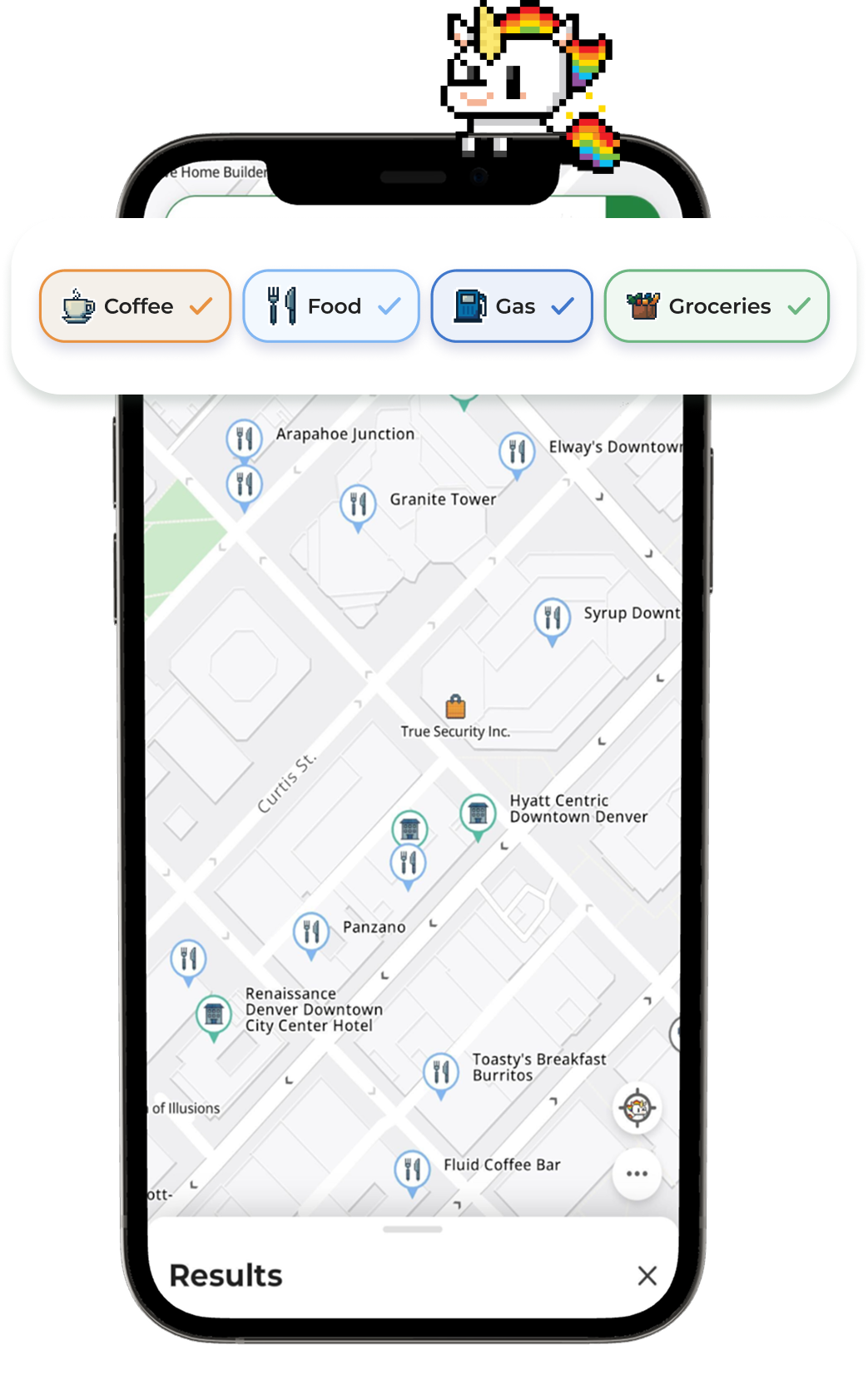 MapQuest app showing nearby places on the map