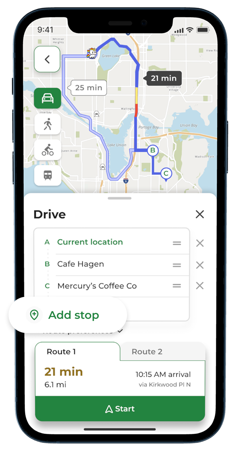 MapQuest app showing multi-stop route planning